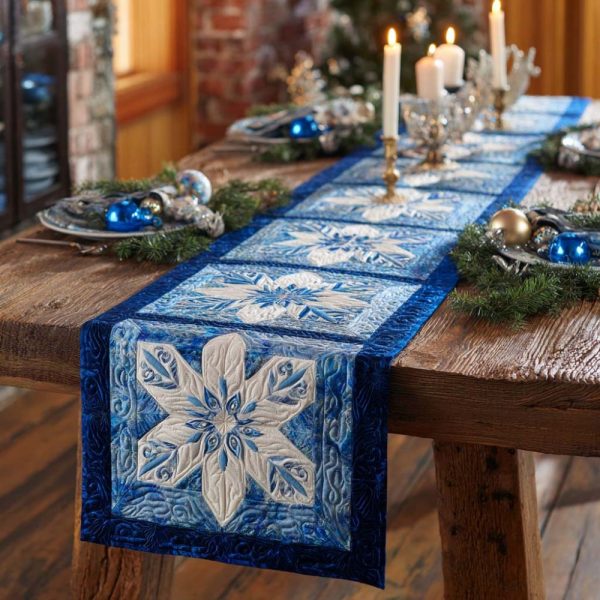 Frosty Blue Snowflake Quilted Table Runner