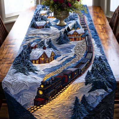 Frosty Train Lights Quilted Table Runner
