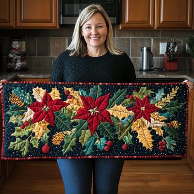 Glorious Poinsettia Blooms Quilted Table Runner