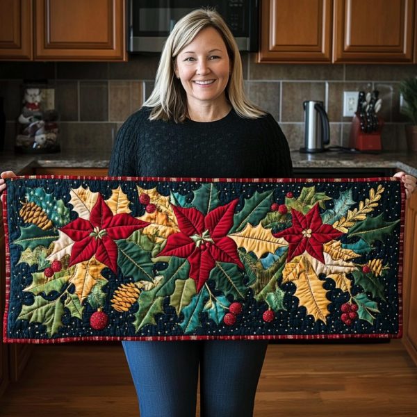 Glorious Poinsettia Blooms Quilted Table Runner