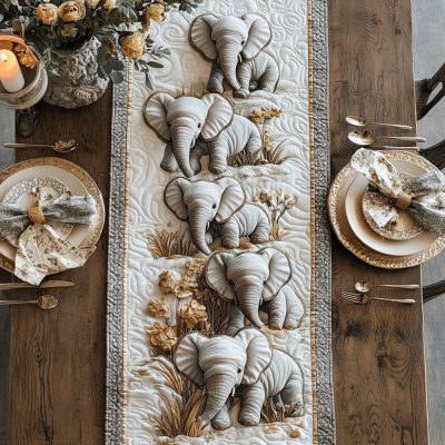 Golden Baby Elephant Quilted Table Runner