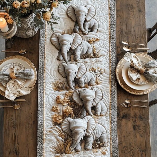 Golden Baby Elephant Quilted Table Runner