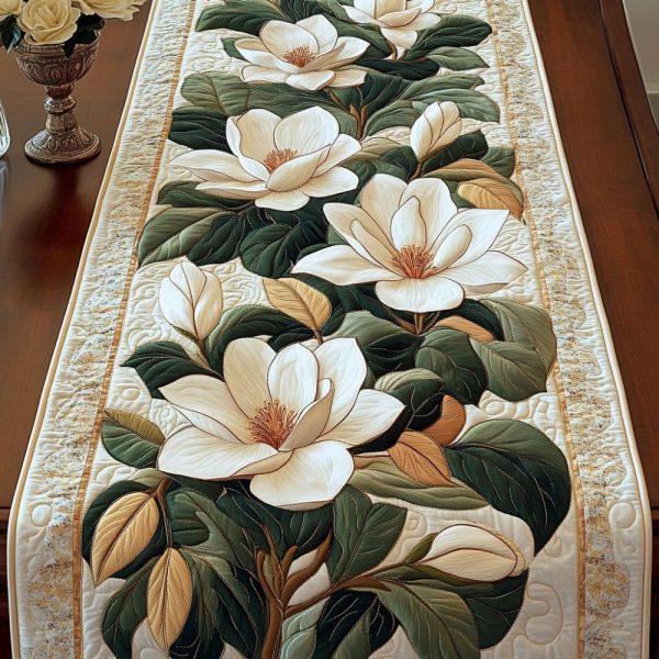 Golden Magnolia Bloom Quilted Table Runner