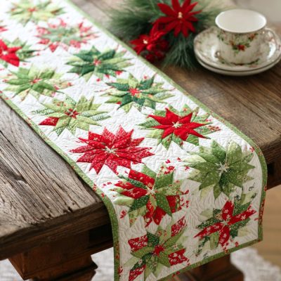 Golden Poinsettia Dream Quilted Table Runner