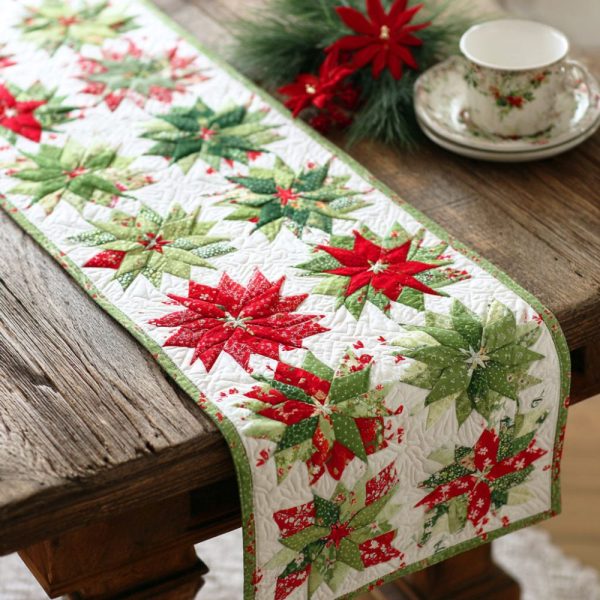 Golden Poinsettia Dream Quilted Table Runner