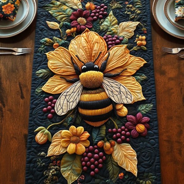 Golden Wings And Flowers Quilted Table Runner