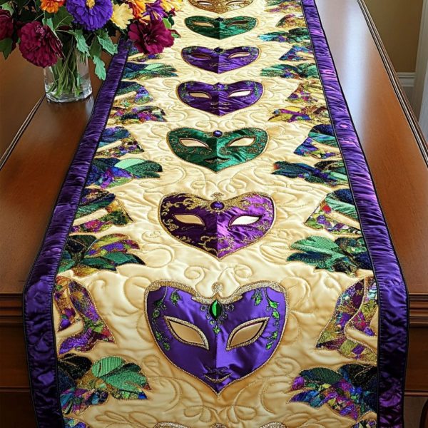 Green Purple Hearts Quilted Table Runner