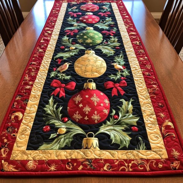 Holiday Ornaments Quilted Table Runner