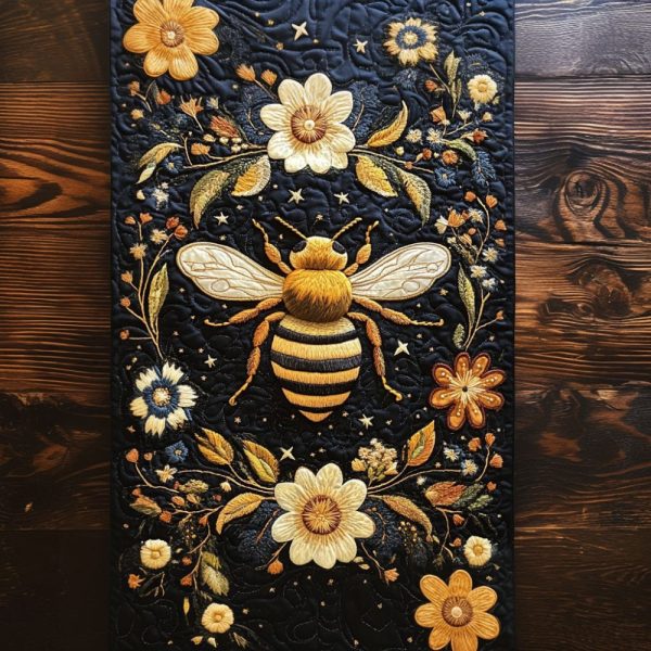 Midnight Bloom Bee Quilted Table Runner