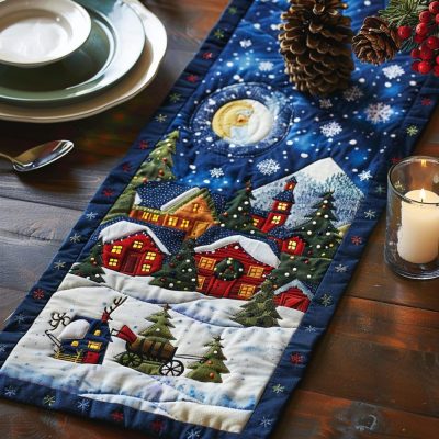 Moonlit Christmas Village Quilted Table Runner