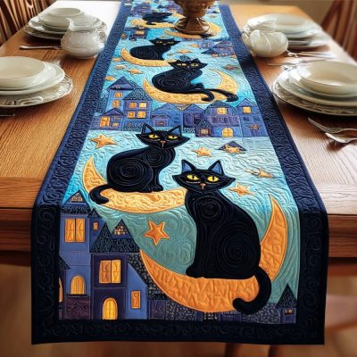Moonlit Cat Dream Quilted Table Runner