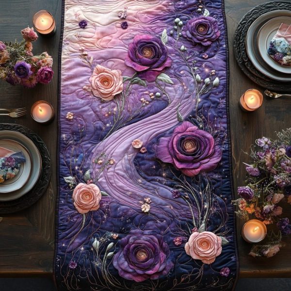 Moonlit Lilac Roses Quilted Table Runner