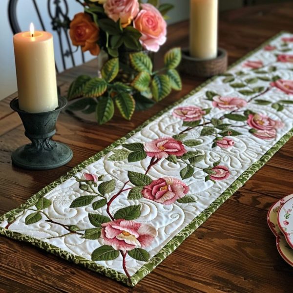 Pink Roses Quilted Table Runner