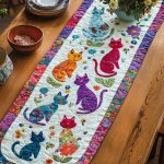 Playful Floral Cats Quilted Table Runner