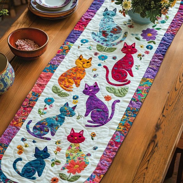 Playful Floral Cats Quilted Table Runner