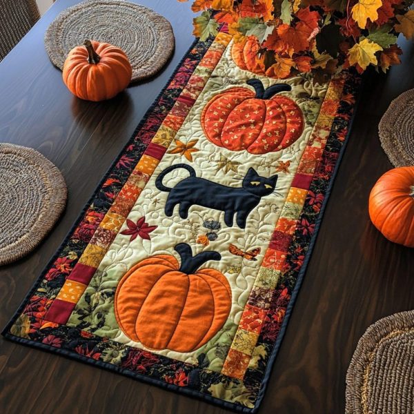 Pumpkin Black Cat Quilted Table Runner