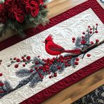Red Feathered Winter Quilted Table Runner