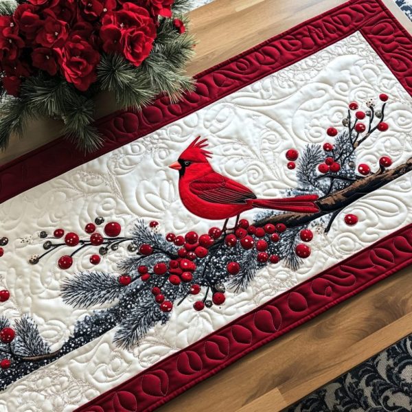 Red Feathered Winter Quilted Table Runner
