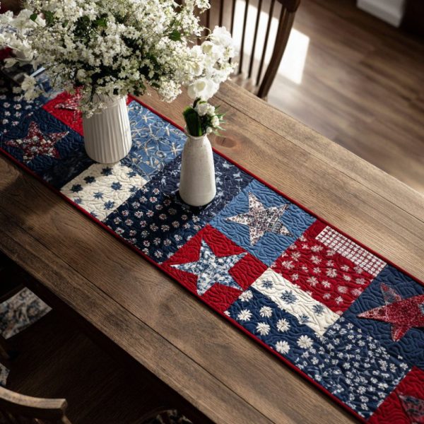 Red White And Blue Squares Quilted Table Runner