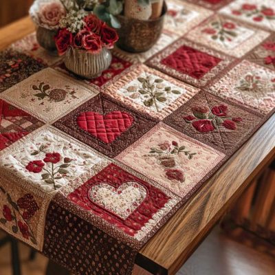 Rustic Red Garden Heart Quilted Table Runner