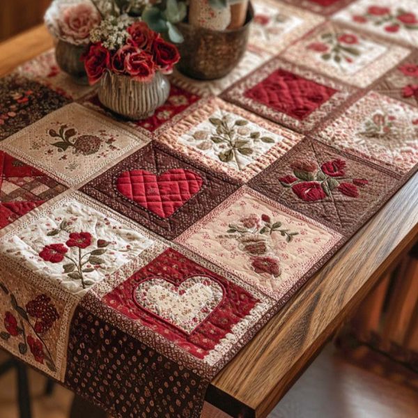 Rustic Red Garden Heart Quilted Table Runner