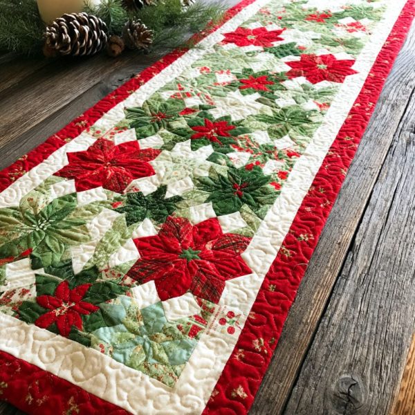 Scarlet Poinsettia Charm Quilted Table Runner