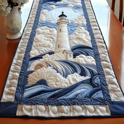 Serene Lighthouse Waves Quilted Table Runner