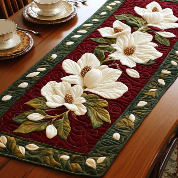 Serene Magnolia Quilted Table Runner