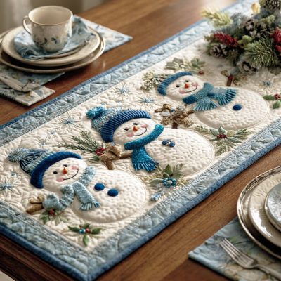 Silent Snowman Blue Quilted Table Runner