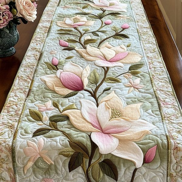 Soft Magnolia Petals Quilted Table Runner