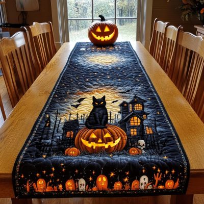 Spook-Tacular Black Cat Quilted Table Runner