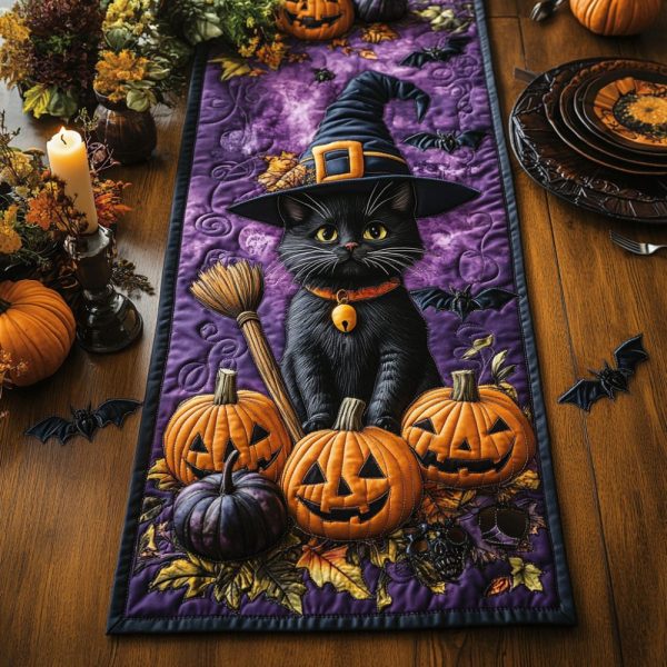 Spooky Whimsy Black Cat Quilted Table Runner