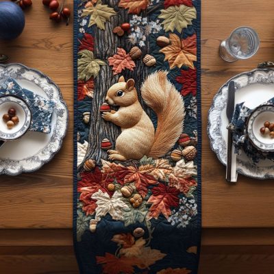 Squirrel In The Fall Breeze Quilted Table Runner