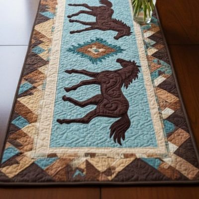 Teal Horses Quilted Table Runner