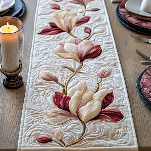 Magnolia Flower Quilted Table Runner