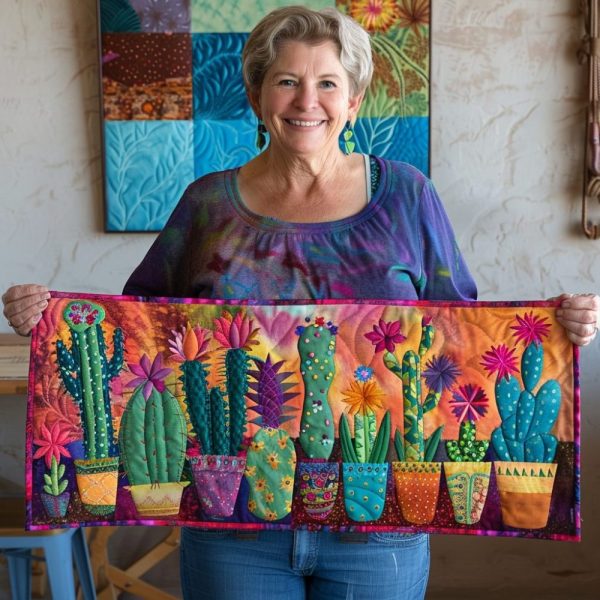 Vivid Succulent Cactus Quilted Table Runner