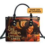 Live Without Regrets - Personalized Purple Leather Handbag Stb62