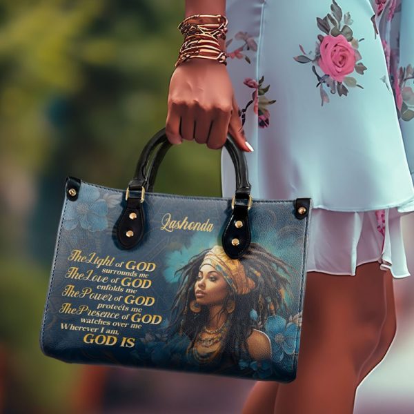 The Light Of God Surrounds Me - Personalized Purple Leather Handbag Stb173