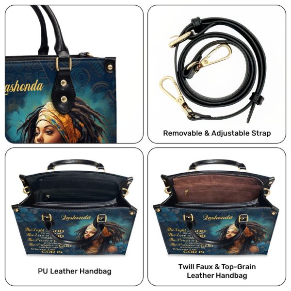 The Light Of God Surrounds Me - Personalized Purple Leather Handbag Stb173