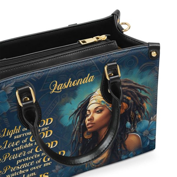 The Light Of God Surrounds Me - Personalized Purple Leather Handbag Stb173