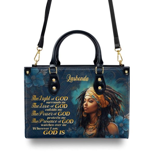 The Light Of God Surrounds Me - Personalized Purple Leather Handbag Stb173