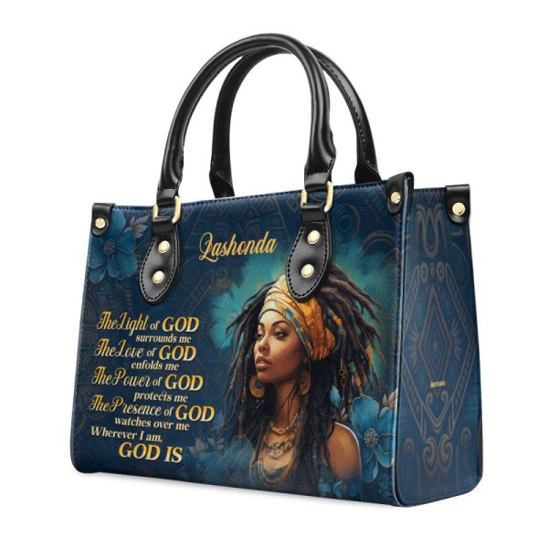 The Light Of God Surrounds Me - Personalized Purple Leather Handbag Stb173