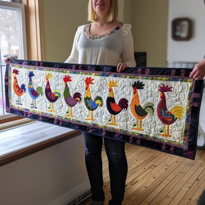Whimsical Roosters Quilted Table Runner