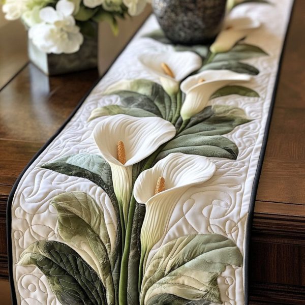 White Calla Grace Quilted Table Runner