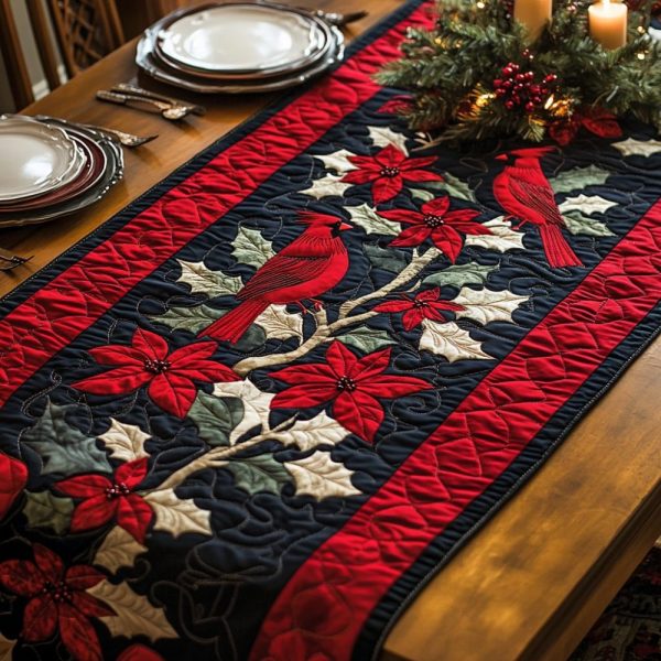 White Leaf Cardinal Quilted Table Runner