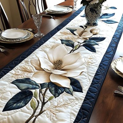 White Magnolia Bliss Quilted Table Runner