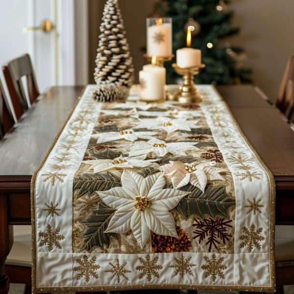 White Poinsettia Flowers Quilted Table Runner