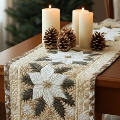 White Poinsettias Quilted Table Runner