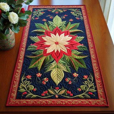 Winter Poinsettia Blooms Quilted Table Runner