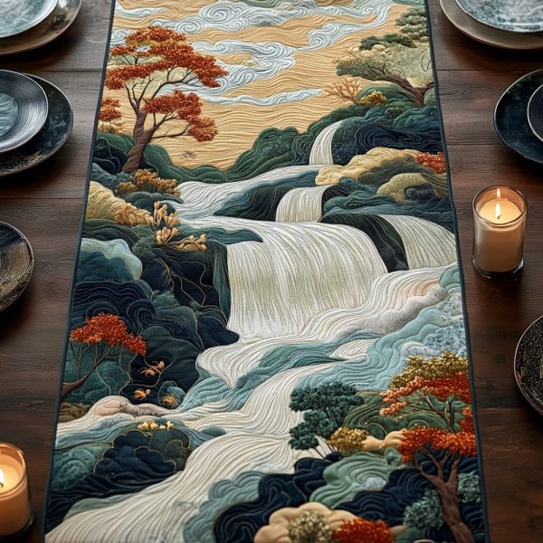 Woodblock Japanese Waterfall Charm Quilted Table Runner